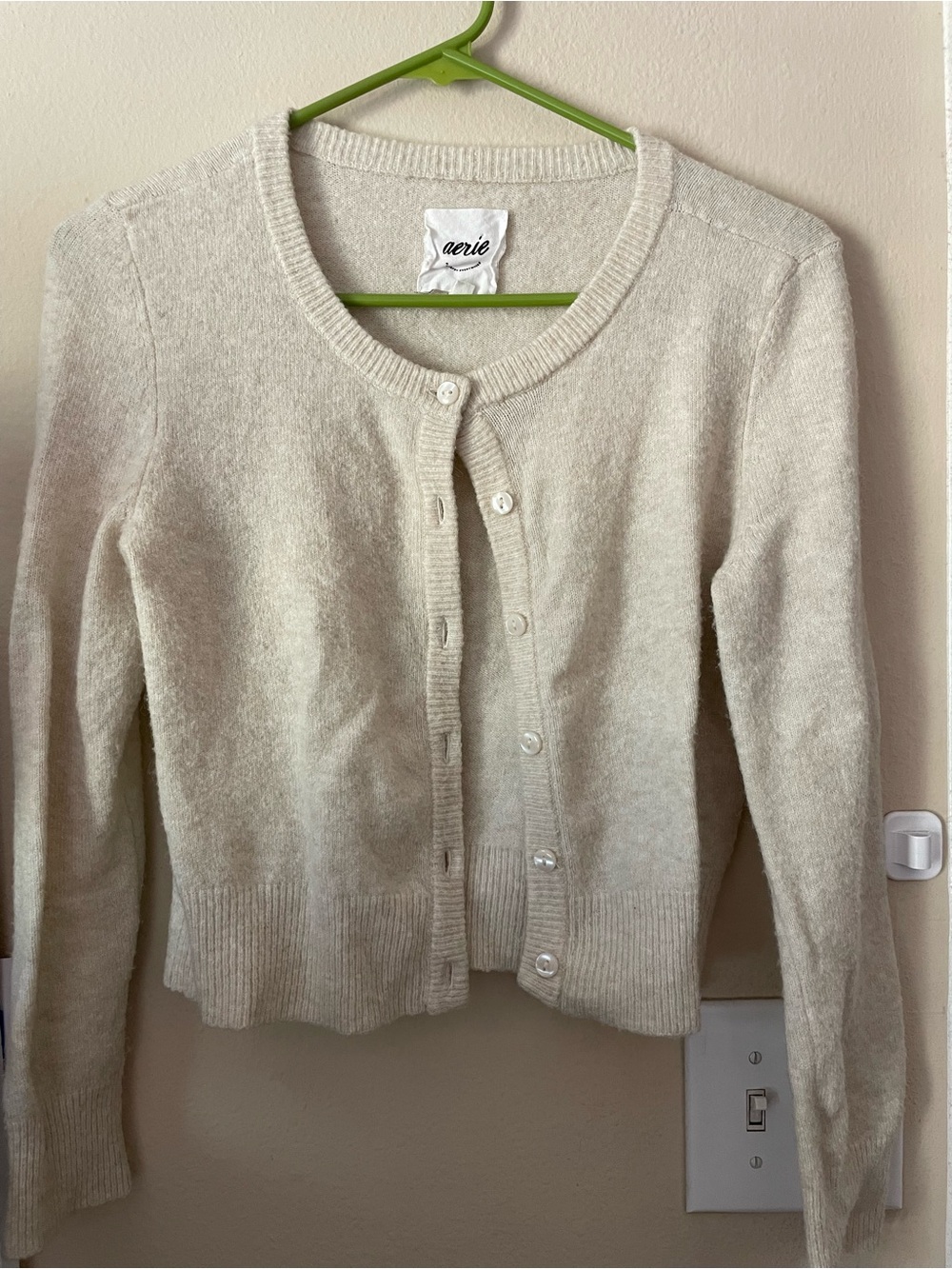 Aerie Cream Wool Blend Button Crop Cardigan Small Chic Preppy Office Classic